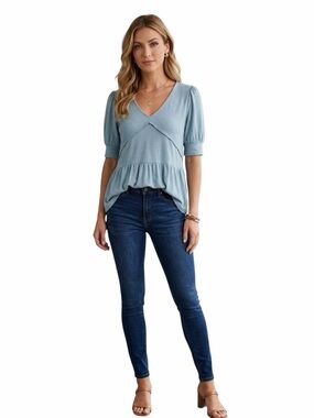 POL Teal Blue V-Neck Peasant Top
